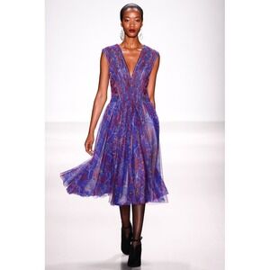 Tadashi Shoji Blue Floral Mesh Beaded V-Neck Cocktail Dress Size 10